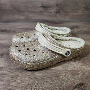 Crocs Classic Gold Glitter Lined Clogs Fuzzy Slippers Women 11